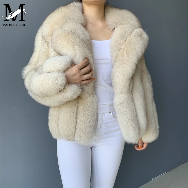 Пальто из натурального Лисьего меха, короткая куртка из натуральной кожи, отложной воротник, зимнее плотное меховое Женское пальто из натурального Лисьего меха