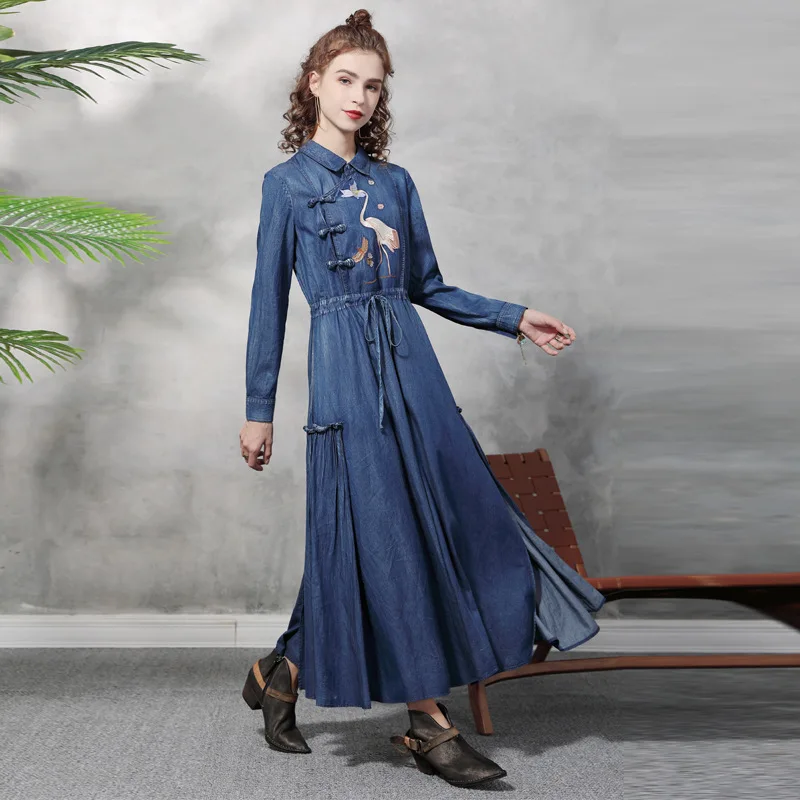 

Dresses for Women Spring Autumn Clothes Full Sleeve Turn-down Collar Long A-line Dress Fashion Retro Dress Robe Longue Femme Ete
