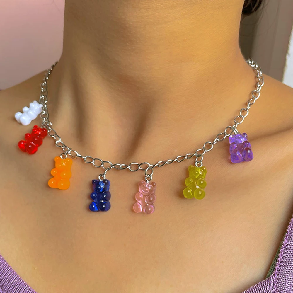 

Korea Colorful Transparent Gummy Bear Pendant Choker Necklace For Women Lovely Multicolor Animal Neck Chain Fashion Boho Jewelry