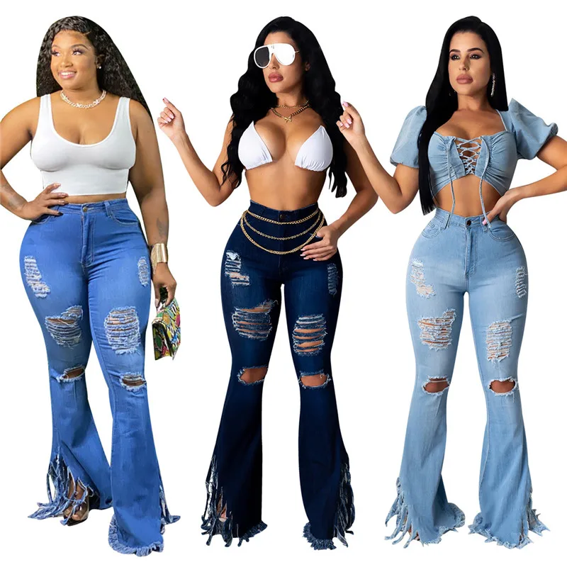 

2020 Sexy Women Slim Fitness Jeans Tassels Ripped High-waist Ruffles Denim Jeans Holes Flare Pants Destroyed Jeans Streetwear