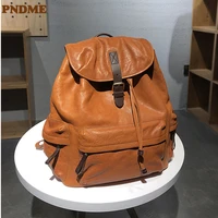 pndme high quality natural genuine leather men womens backpack outdoor travel luxury real cowhide large capacity laptop bookbag