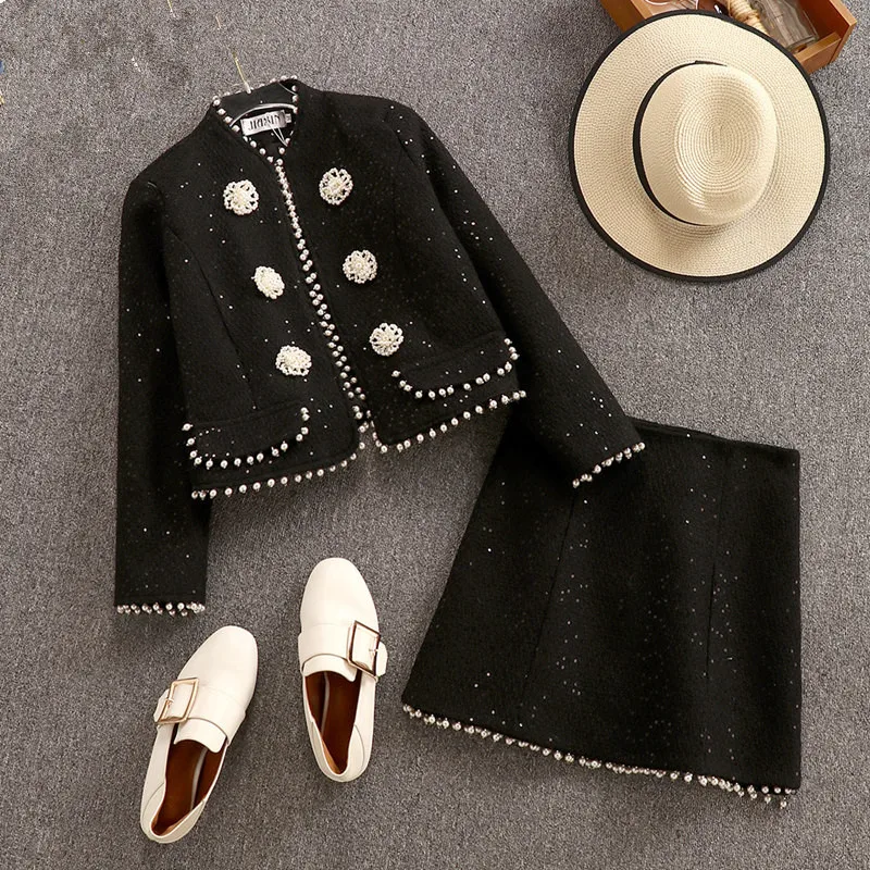 Черный Высококачественный Женский шерстяной комплект осень-зима, женское черное твидовое пальто с бусинами+ черная шерстяная юбка, комплект из 2 предметов - Цвет: Черный