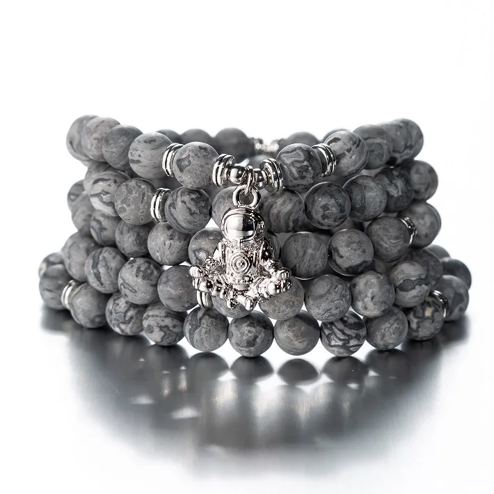 greyagate astronaut 108 бусы натуральные камни Мала Будда Лотос дерево чакра Йога пара очарованные эластичные браслеты - Окраска металла: greyagate astronaut