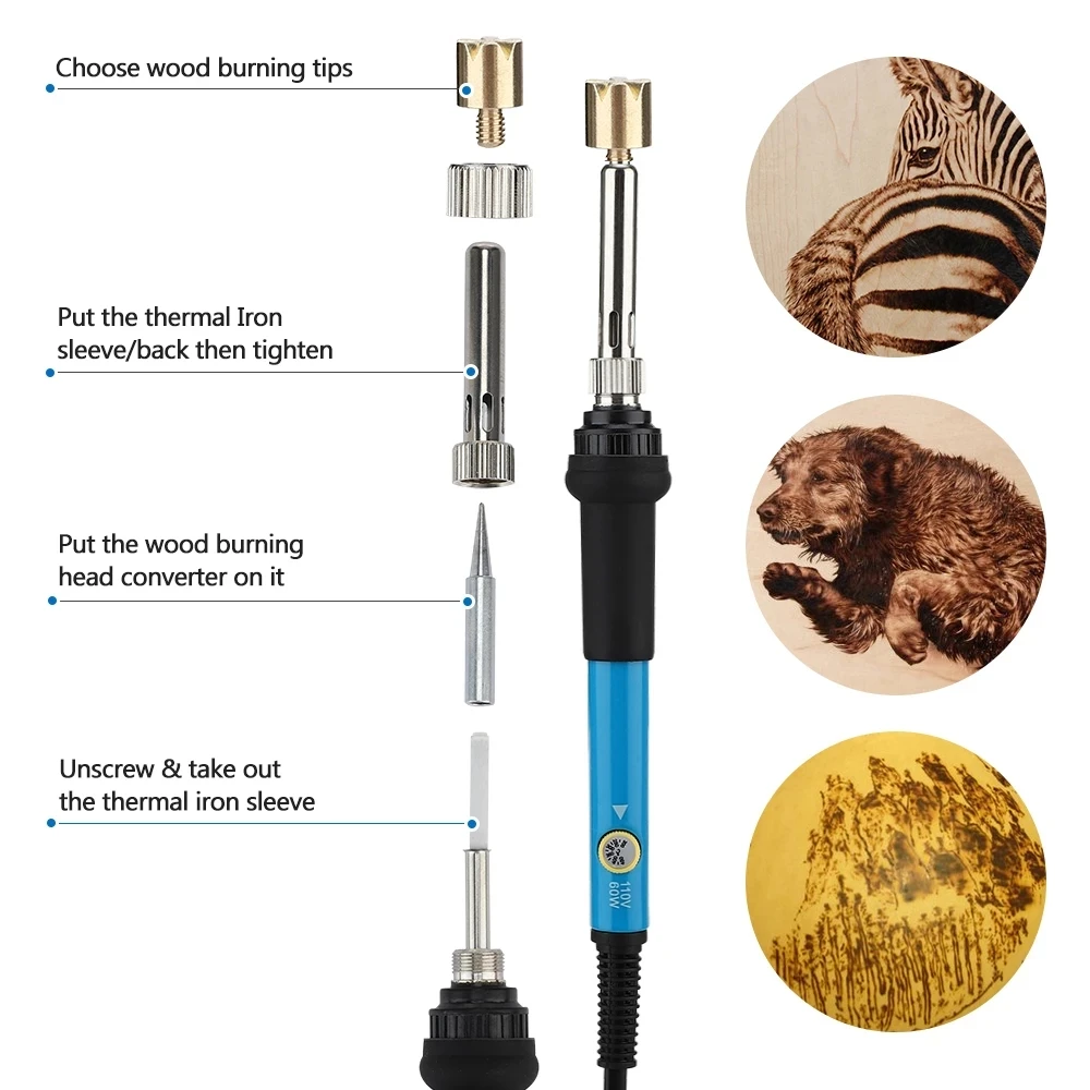 

60W Engraving Pen Electric Soldering Iron Wood Burning Kit Flipping Word Embossing Pyrography Tool Craft Set