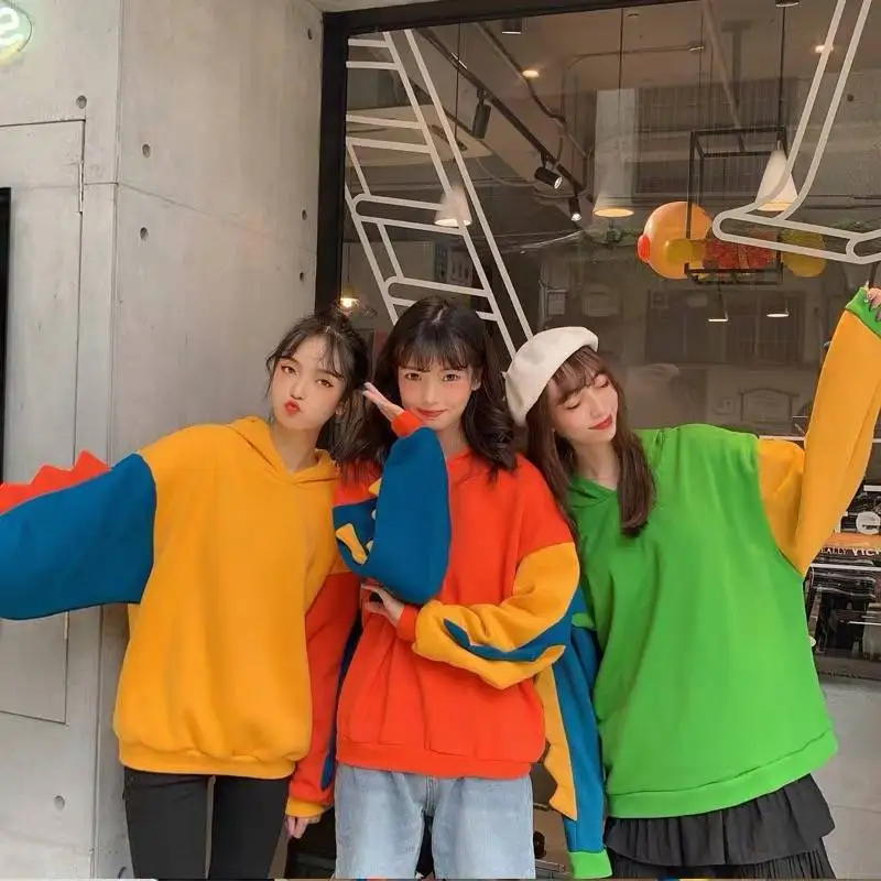 

2021 cute cartoon Fashion Women Sweatshirt Casual Print Long Sleeve Splice Dinosaur hoodies Sweatshirt Tops ropa mujer