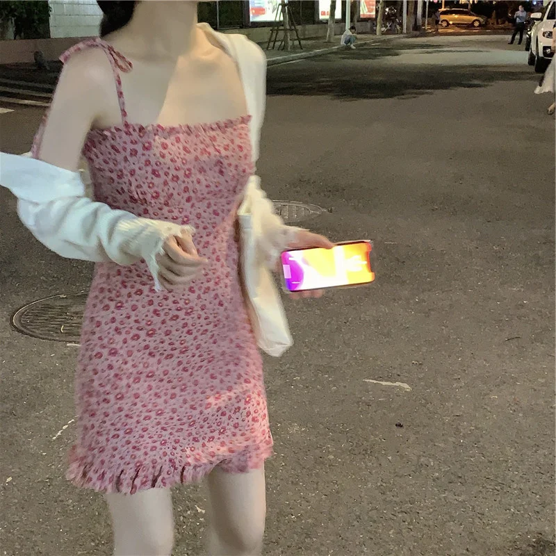 

Sweet and Spicy Style Dress for Women Summer New French Sweet Love Small Elegant Floral Suspender Dress Short Summer