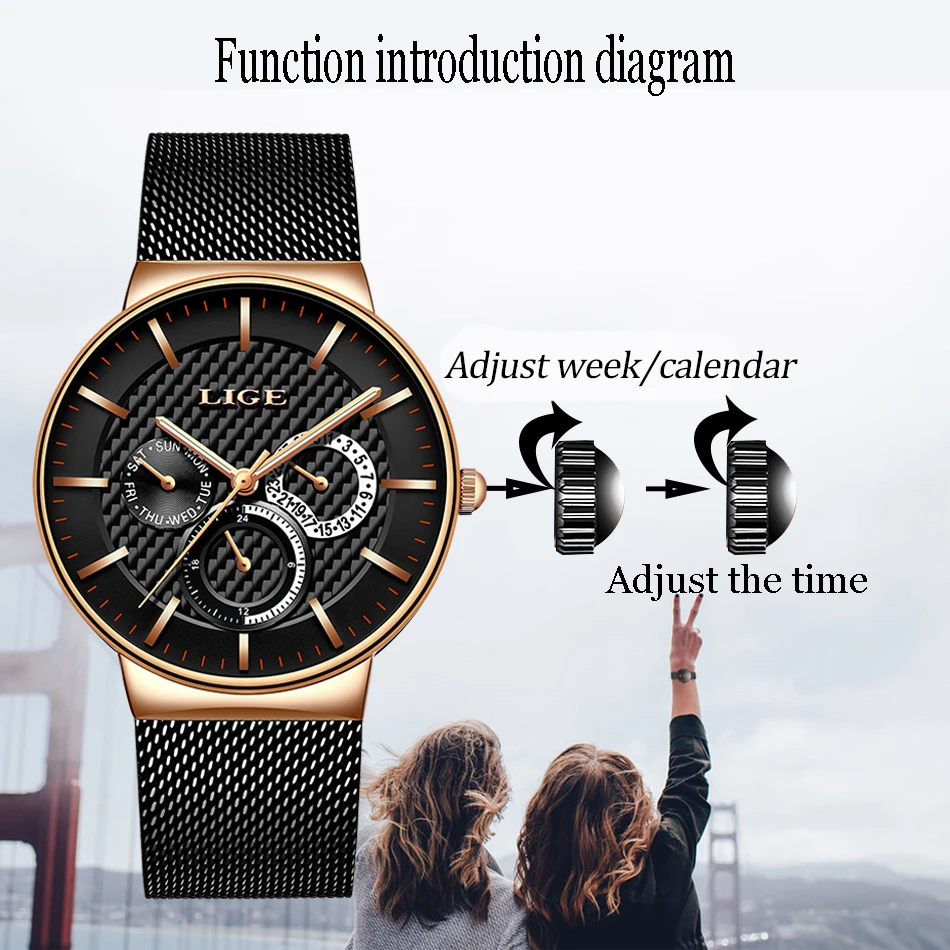Женские часы из нержавеющей стали ультра-тонкие водонепроницаемые LIGE брендовые
