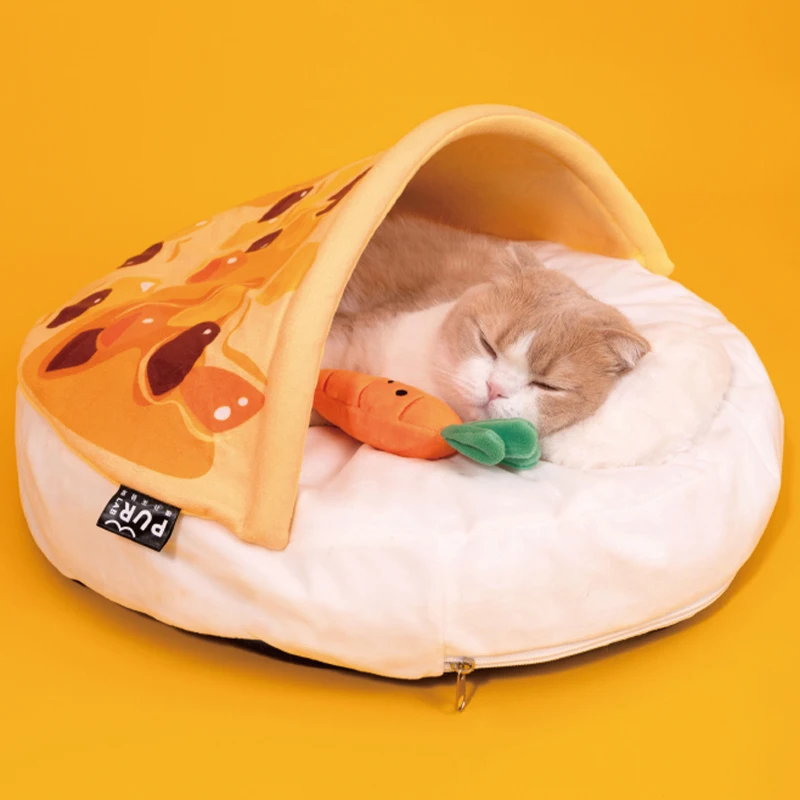 

Cute Cat's House Curry Round Nest Semi-enclosed Cat Bed Deep Sleeping Cartoon Nest Comfort Winter Pet Bed Small Cushion Soft