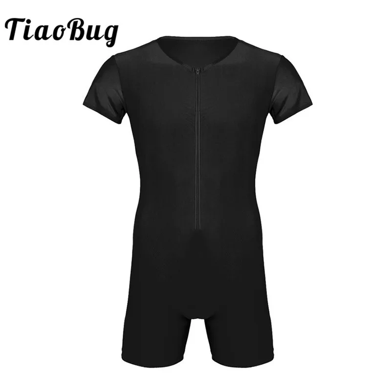 TiaoBug короткий рукав передняя молния цельный гимнастический спортивный Мягкие Трусы-шорты трико мужские боди спортивный костюм Unitards танцевальная одежда