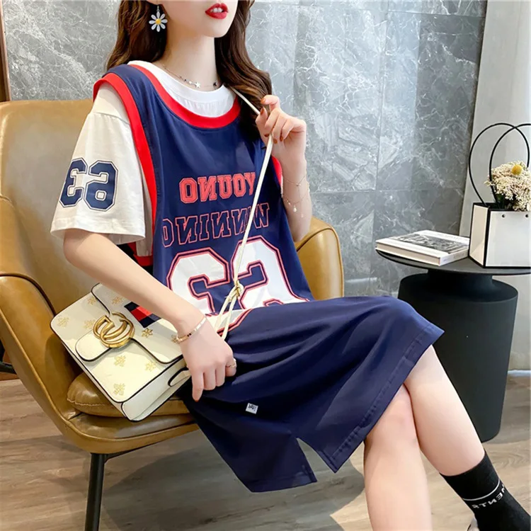 

Fake Two-piece Short-sleeved Women T-shirt Cotton Loose Plus Size Mid-length Top