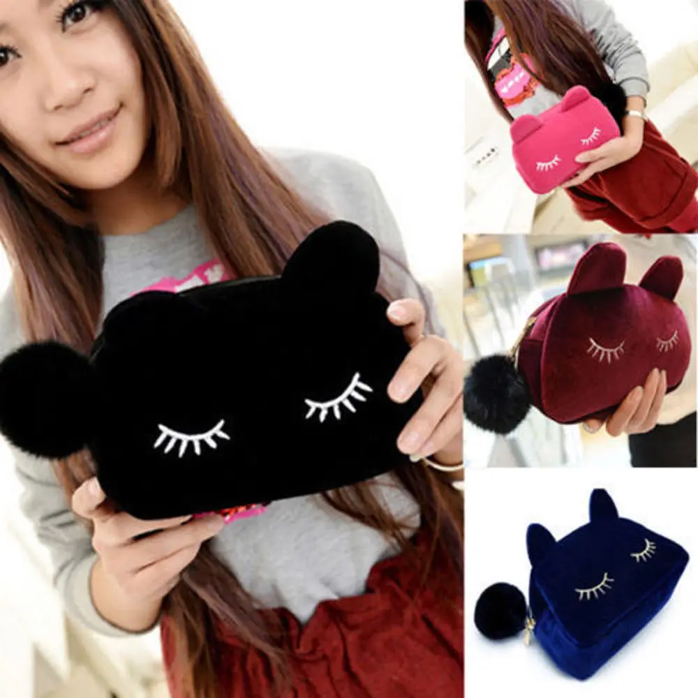

Flannel Cosmetic Makeup Cartoon Cat Storage Bags Pencil Case Pen Box School Stationery Zipper Bag Cartoon Cat Purse Travel Case