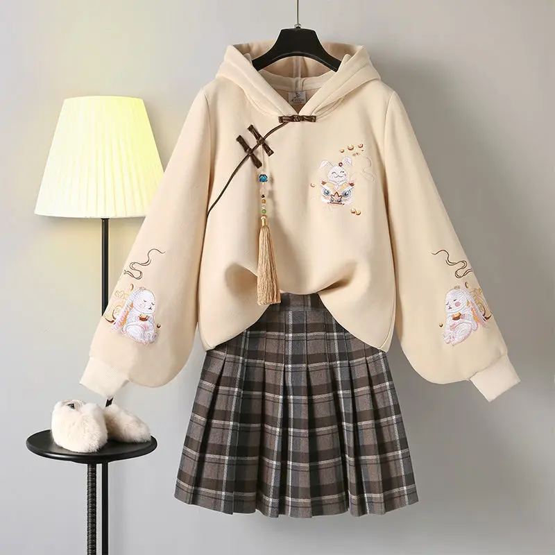 

Traditional Chinese Style Improved Suit Modern Women Design Hoodies Sweatshirt Short Skirt Two-piece Suit Fairy Clothes Hanfu
