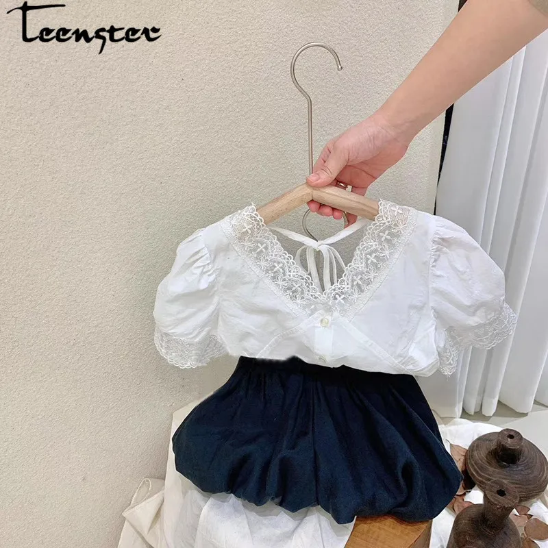 Летняя детская одежда для подростков Модная Корейская кружевная блузка с