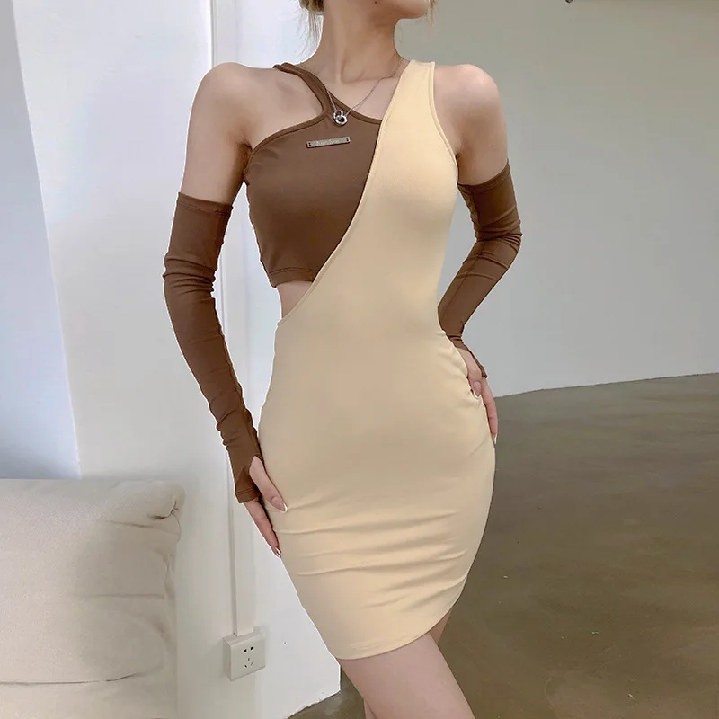 

Женское ажурное платье с открытыми плечами, однотонное асимметричное облегающее платье на бедрах с V-образным вырезом, лето 22021