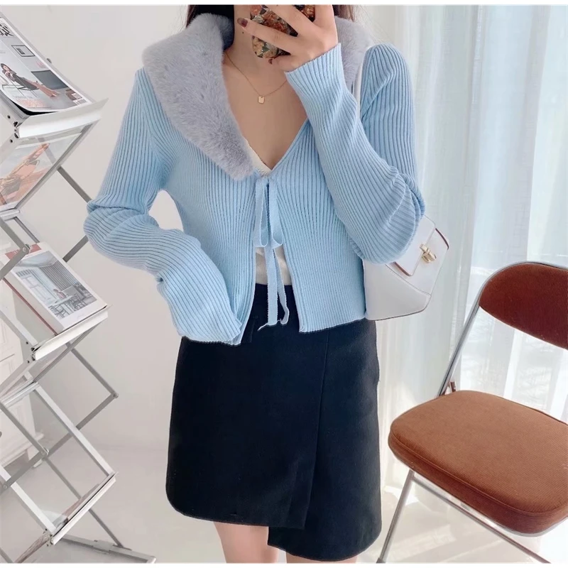

YOSIBCD Women 2021 Fashion Patchwork Faux Fur Knitted Cardigan Sweater Vintage With Tied Long Sleeve Female Outerwear Chic Tops