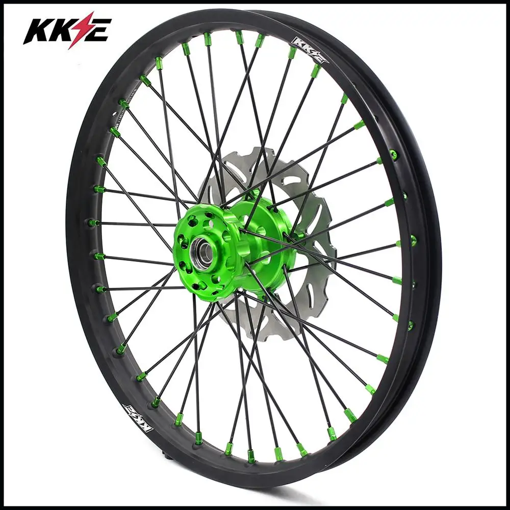 Полный комплект колес KKE 21 & 19 MX для Kawasaki KX250F 2019 зеленые соски черные Спицы