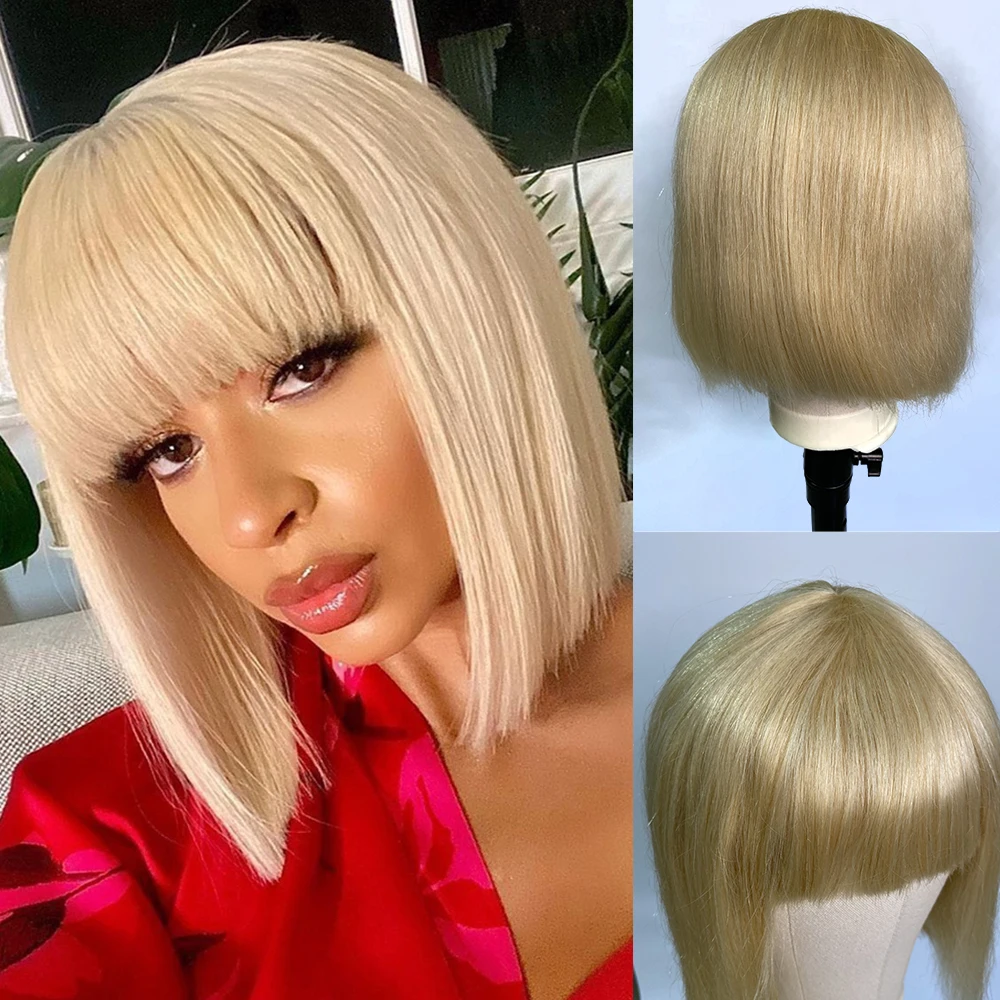 

613 Bob Wig With Bang Blonde Bob Wig 613 Honey Blonde Human Hair Wigs With Bangs Machine Wig 613 T Lace Part Wig 150% Density