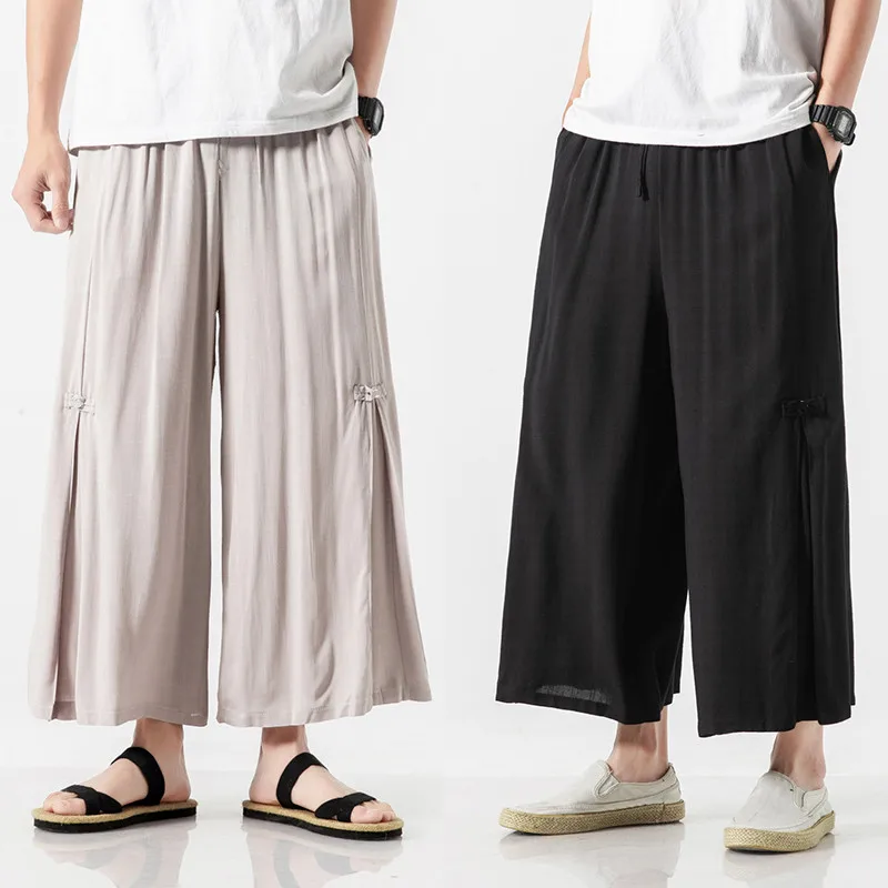 Брюки мужские свободные тонкие до щиколотки из хлопка и льна|Повседневные брюки|