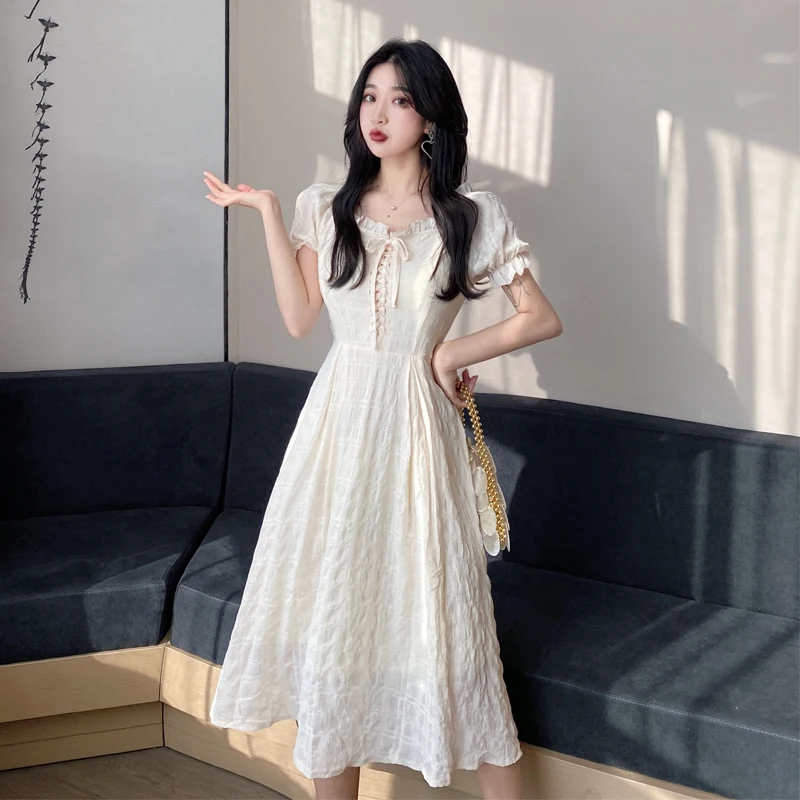 

New Women Clothing Summer Fashion Hollow Out Bandage Slim Short Sleeve Beige Color Long Dress