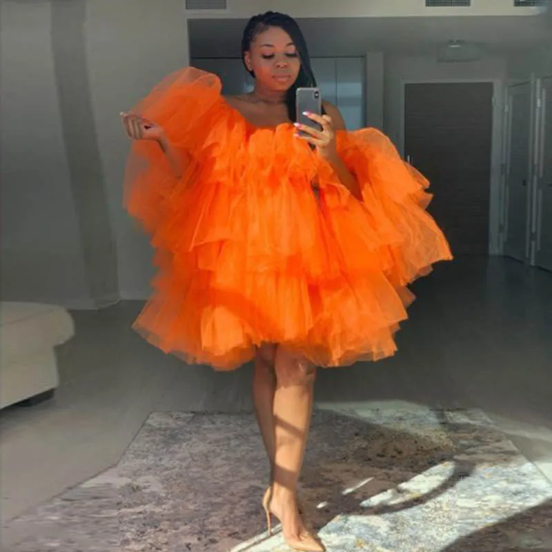 

Orange Women Short Tulle Dress Plus Size Girls Gown Tutu Tiered Tulle African Party Dress Short Robe Gowns