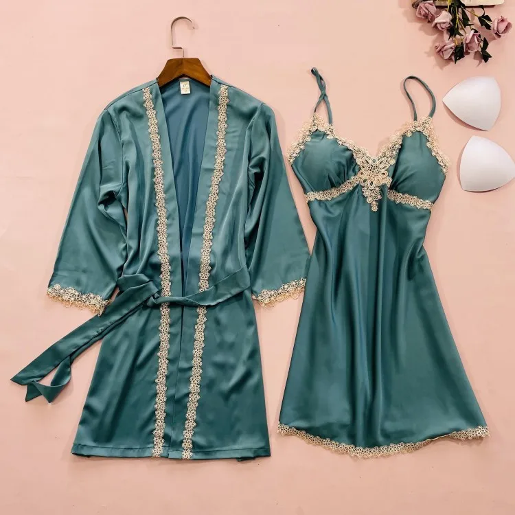 

Kimono Bathrobe Gown Robe Set Lady Sleepwear Satin Nightwear Spring Summer New 2PCS Sleep Set Sexy Intimate Lingerie Kimono