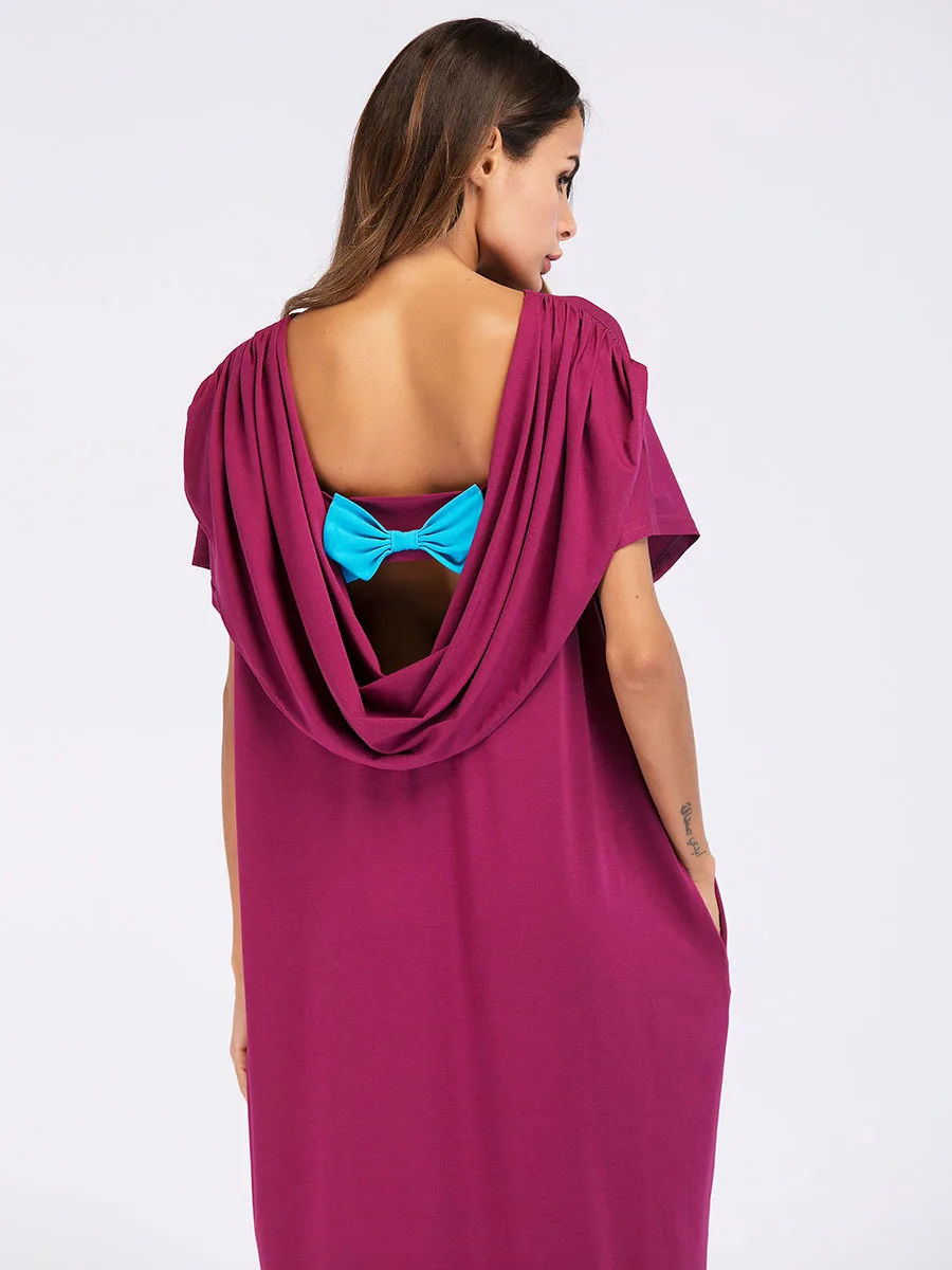 

Muslim Dress Islamic Clothing Bow Solid Color Moroccan Kaftan Fashion Simple Short Sleeve Open Back Muslim Dress
