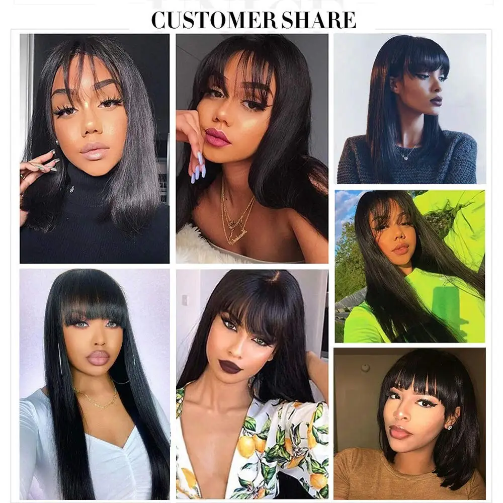 

Straight Human Hair Wigs With Bangs Full Machine Made Wigs Natural Color Straight Wig Peruvian Remy Hair Wig For Black Women