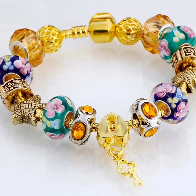 

Elegant 14K Yellow Gold Beads Charm Bracelet For Women Crystal Large Hole Beads Hand Chain Bracelet Fine Jewelry Gifts
