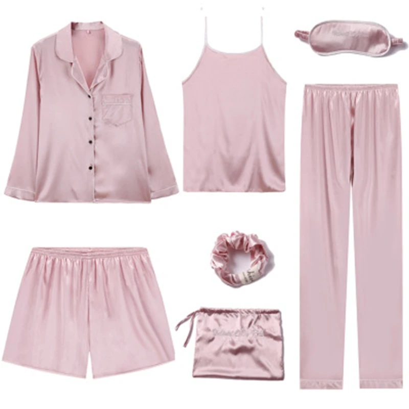 Spring Summer Women 7 Pieces Silk Pajamas Sets Sexy Sleepwear Pyjamas Soft Nightgrown For Women Silk Satin Pajama New