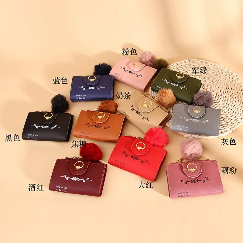 

Korean Style Female Short Wallet Fashion Plush Ball Tassel Card Holder Printed Women Clutch Leather Simple Zipper Coin Pocket PU