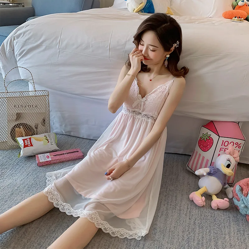 Summer Cotton Nightdress Women's Chest Pad Thin Sling Sexy Nightgown Lace Palace Princess Style Home Clothes Female Sleepwear