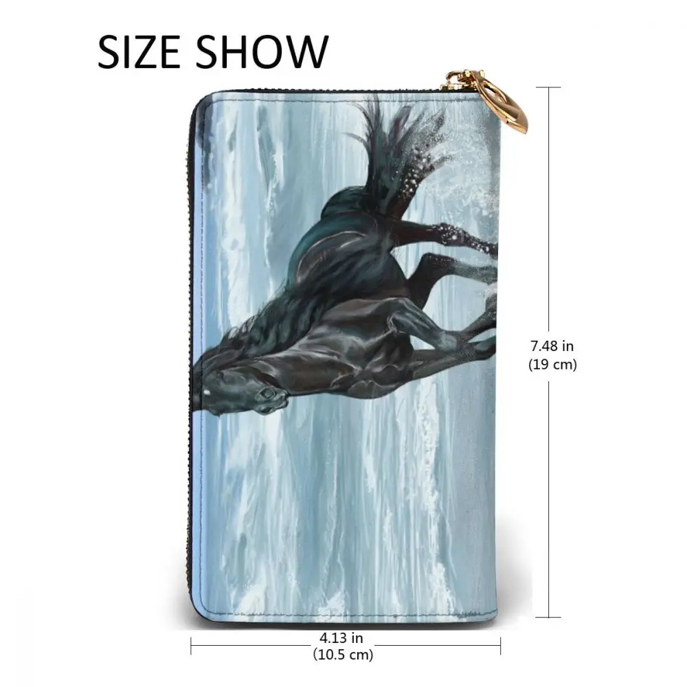 

Fashion Leather Wallet Black Horse Running On Beach Long Zipper Wallet Clutch Bag Purse for Woman Man Girls Boys