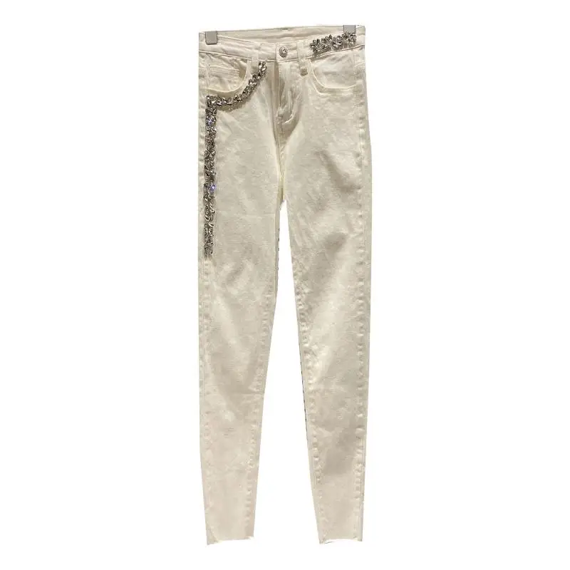 

Spring 2021 New Fashion Large Particle Rhinestone Shiny Heavy Industry Stretch Slim Pencil Jeans High Waist White Denim Pants