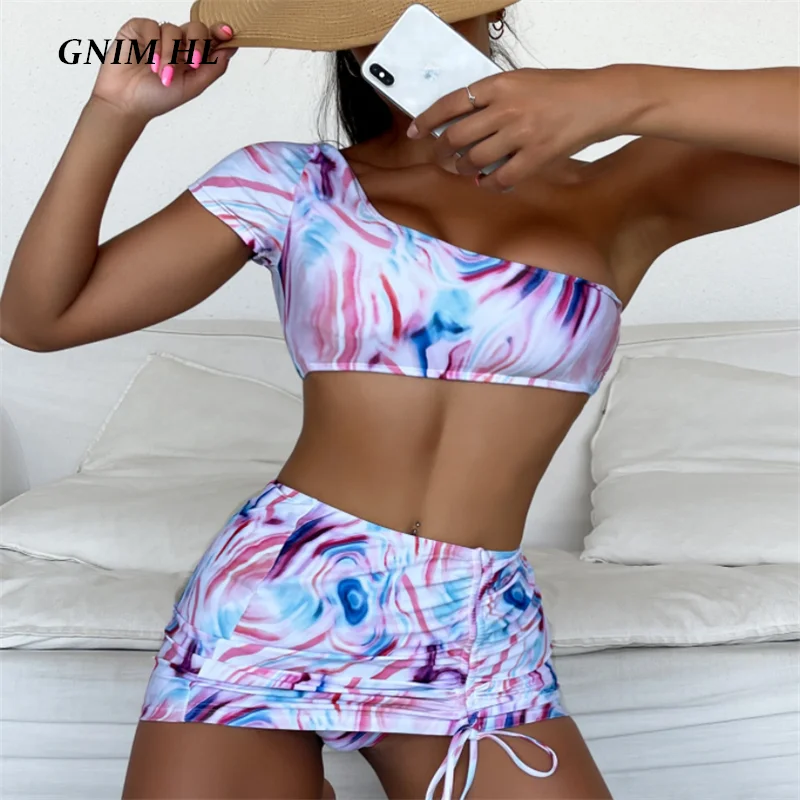 

GNIM Print Bandeau Swimwear Women 3 Pieces Set Bikini Mujer 2022 Sexy Drawstring Thong Women Swimsuit One Shoulder Bathing Suit