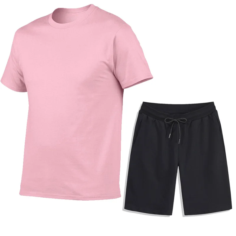 

2021 Men's Summer Round Neck Short Sleeve Shorts Set Sports Fitness Pure Color Cotton Customizable Logo Logo