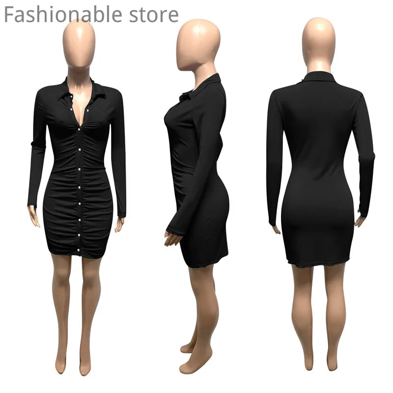 Женское однотонное однобортное облегающее платье с рюшами и длинным рукавом -