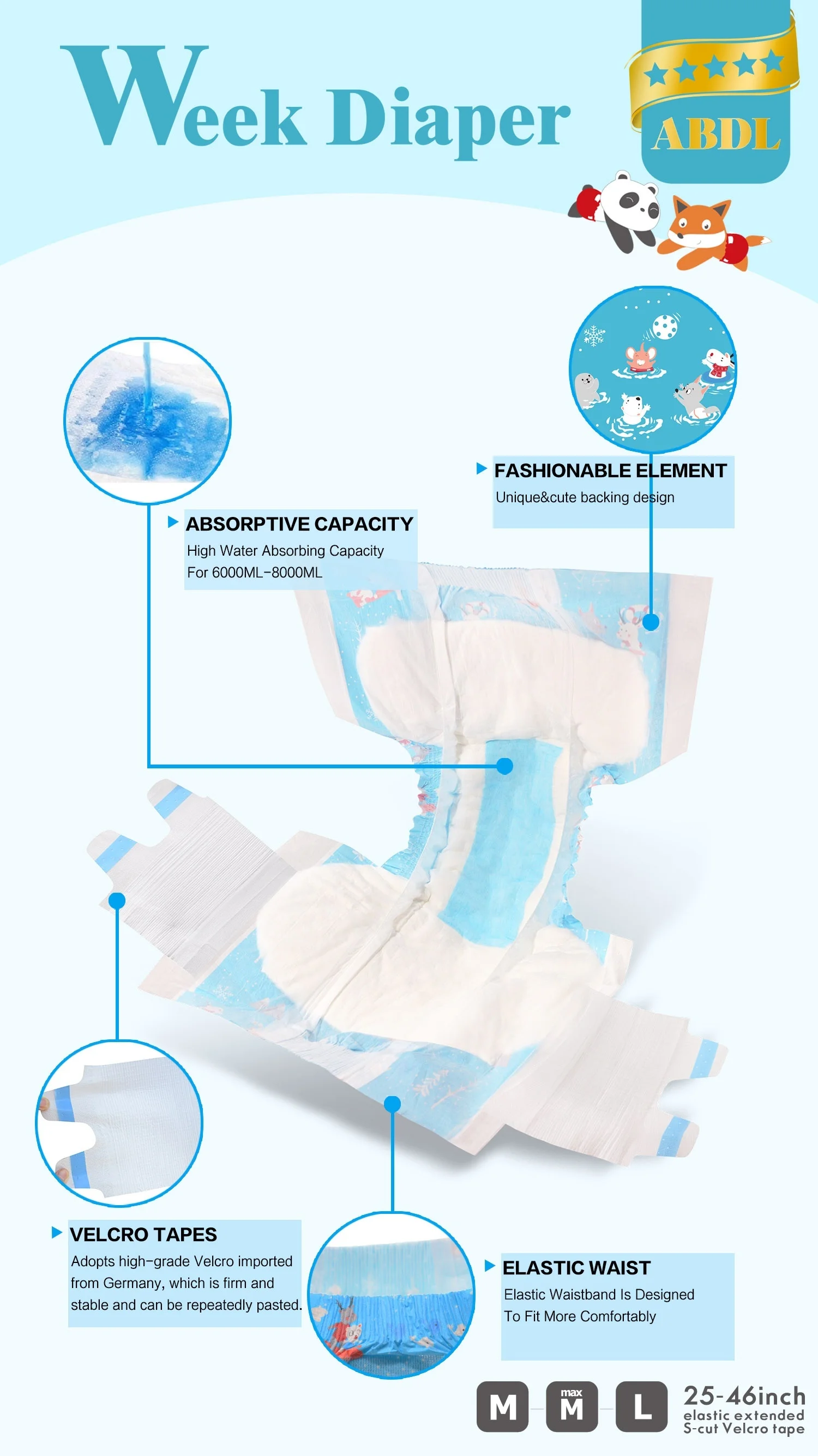 

3D Leakproof ABDL Adult Baby Diapers Large Size Elastic Waistline Blue Printed DDLG Diapers 7 Pieces In A Pack