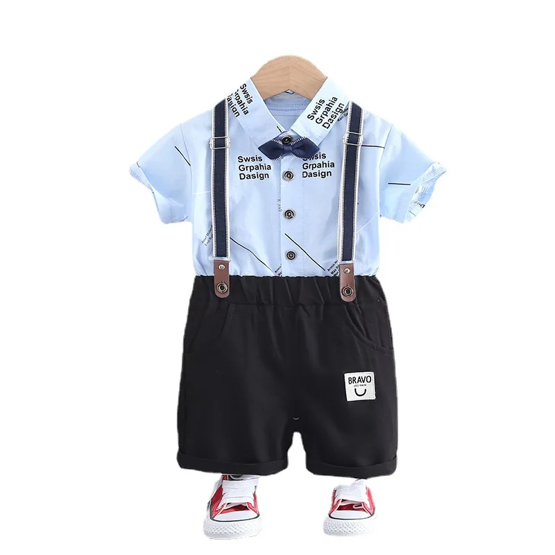 

0-4Y Boys Handsome Gentleman 2-piece Summer Outfits Baby Boys Short Sleeve Letter Bow Tie Shirt+shorts Toddler Fashion Clothing