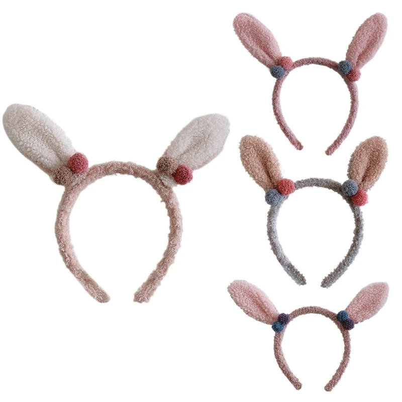 

Women Girls Cartoon Animal Headband Cute Pompom Rabbit Bunny Ears Elastic Hair Hoop Fuzzy Plush Wash Face Headpiece