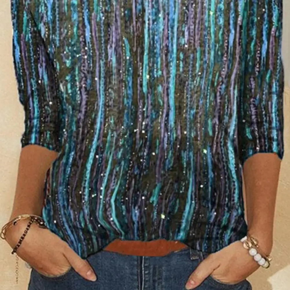 

Fashion Women T-shirt Casual Colorful Print Mid-length Sleeves Women Blouse Autumn Round Neck All Match Blouse Shiny Base Shirt