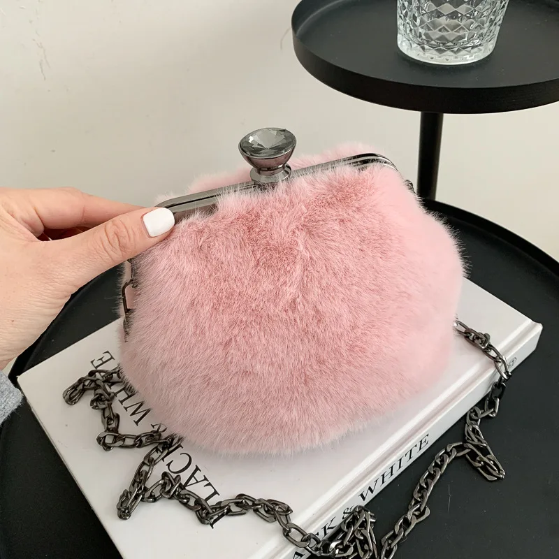 

Faux Fur Evening Bags for Women 2021 New Winter plush Small Shoulder Bag Luxury Fashion Cute Shell Party Female Crossbody Bags