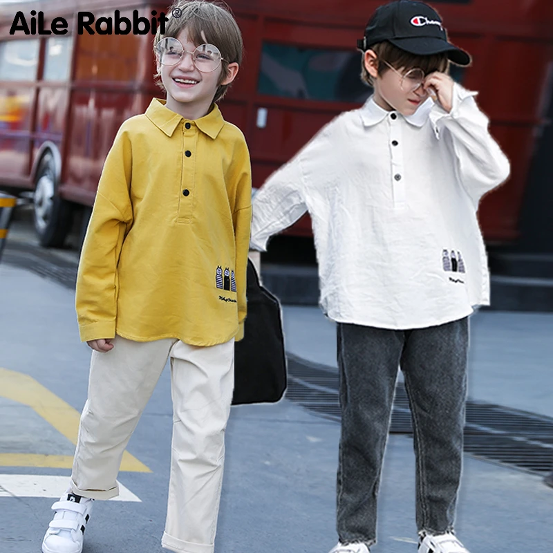 Autumn New 2019 Boy Clothes Set Long-sleeved Shirt Jeans 2 Piece Suit Coat Cartoon Letter Children's Wear For 3-12 Year Old Boys |