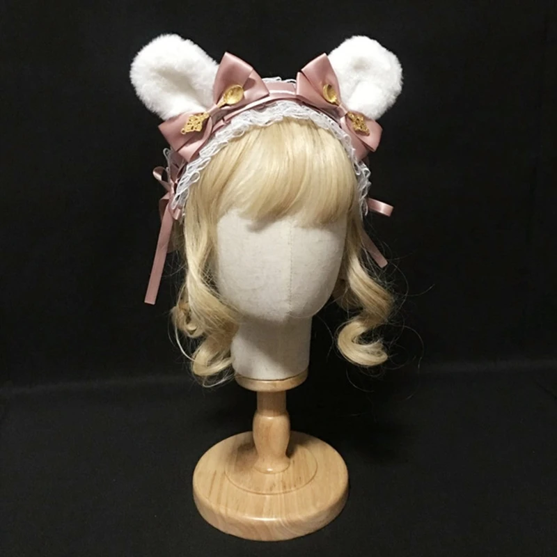 

2021 New Plush Bunny Ears Headband Lolita Satin Ribbon Bow Lace Anime Cosplay Hairband