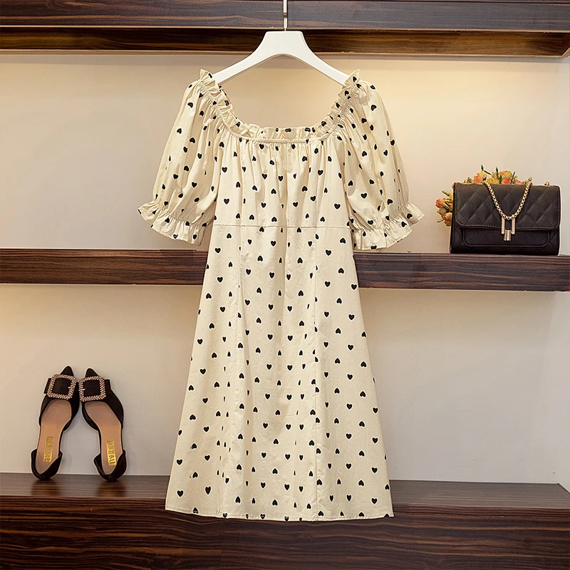 

EHQAXIN Summer Women's One-Word Collar Button Short-Sleeved Dress Fashion Hepburn Style Chiffon Love Wood Ear Long Skirt L-4XL