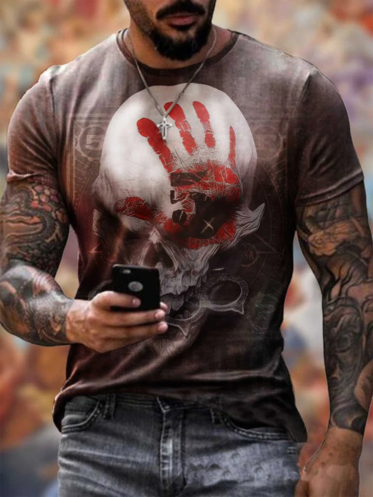 

2021 Summer Casual Short Sleeve Skulls Print Graphic T Shirts Men's Oversized Crew Neck Pullover Loose Tops
