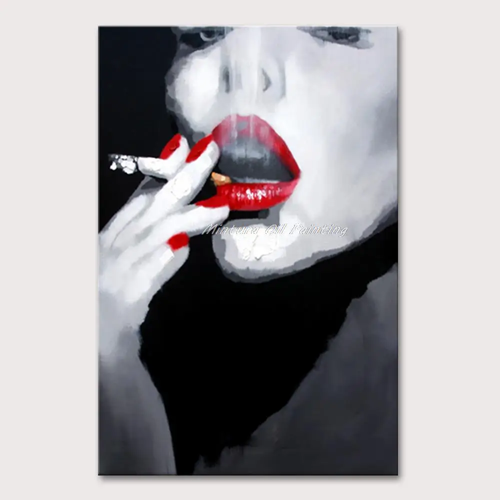 

Mintura, картины маслом на холсте ручной работы, Современная Абстрактная живопись, сексуальные курительные красные губы, украшение для отеля, Настенная картина
