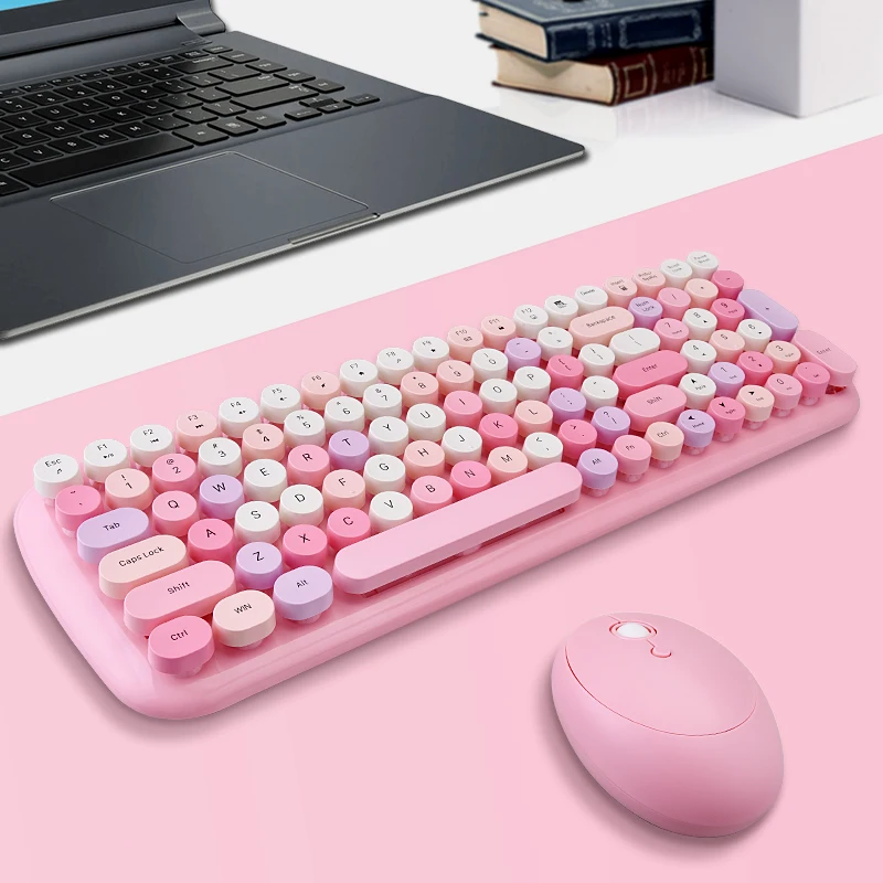 green wireless keyboard and mouse combo round mix keycaps office pc keyboards and mouse set for girl computer laptop game free global shipping