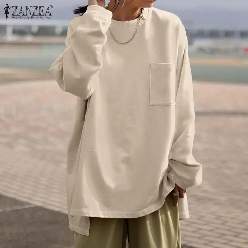 

Модель 2021 года, осенняя Женская толстовка ZANZEA большого размера, Модные свободные повседневные толстовки, однотонные Топы с капюшоном, уличн...