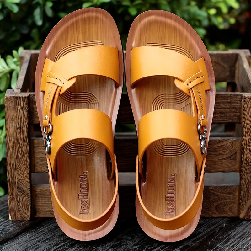 Мужские кожаные сандалии мягкая дышащая обувь пляжные римские на плоской