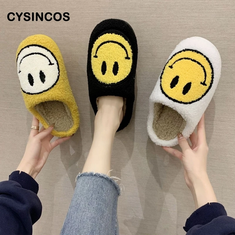 Новинка хлопковые тапочки с улыбающимся лицом женские счастливым мягкие Меховые